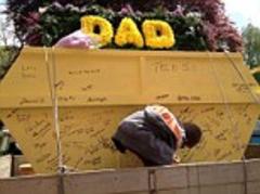 definitely not a rubbish send-off! grandfather-of-four buried in skip-shaped coffin after lifetime of working on building sites